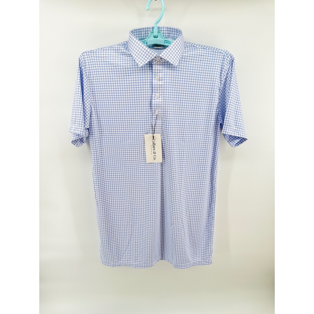 Collars & Co Men Large-Tall Blue White Grid Short Sleeve Dress Collar Polo Shirt